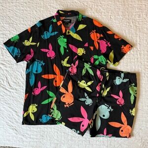 Playboy PacSun Multicolor Bunny Button Up Shirt & Shorts Set